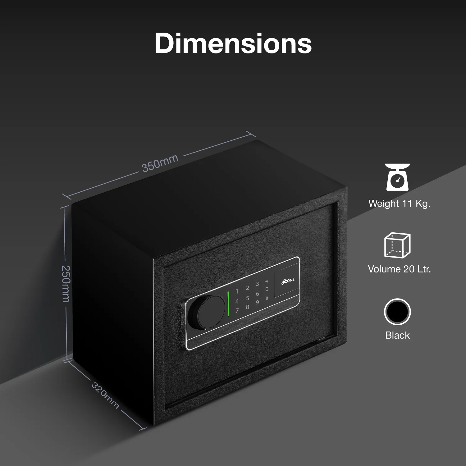 Ozone 20 Litres Digital Safe Locker for Home & Office – Digital Lock, 1-Way Unlocking (Password), Size: 250H x 350W x 320D mm, Weight: 11kg, 2-Year Warranty - Image 3