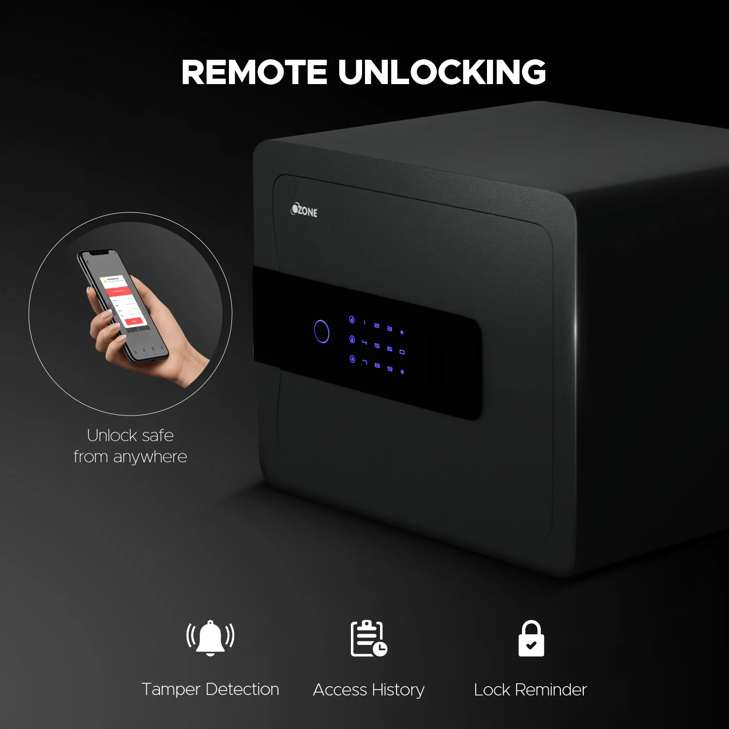 Ozone 30 Litres Wi-Fi Safe Locker for Home & Office – Fingerprint Lock, 3-in-1 Unlocking (OzoLife App, Fingerprint & Password), Size: 300H x 380W x 300D mm, Weight: 13kg, 2-Year Warranty - Image 2