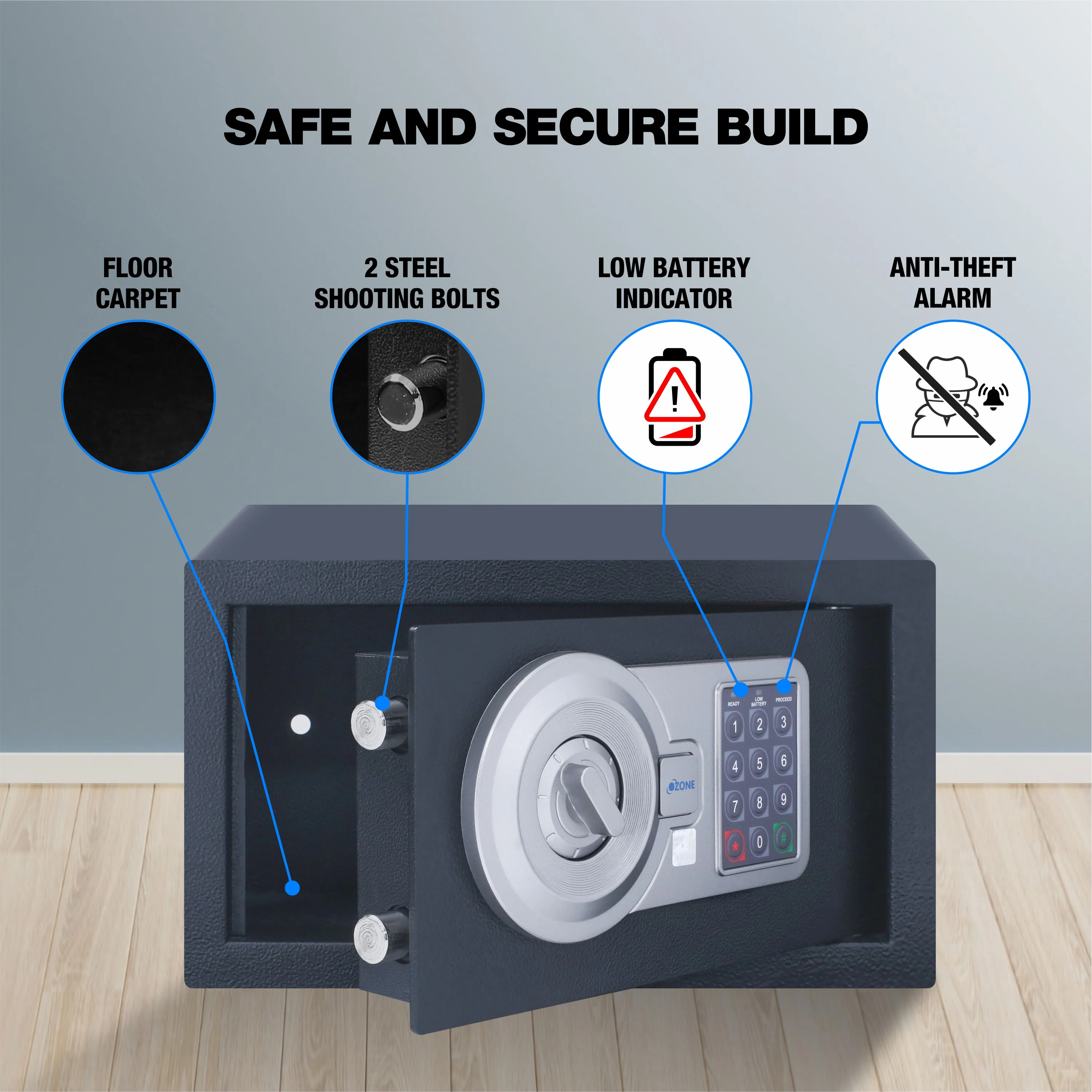 Ozone 9.2 Litres Digital Safe Locker for Home & Office – Digital Lock, 1-Way Unlocking (Password), Size: 200H x 350W x 200D mm, Weight: 5.9kg, 2-Year Warranty - Image 3