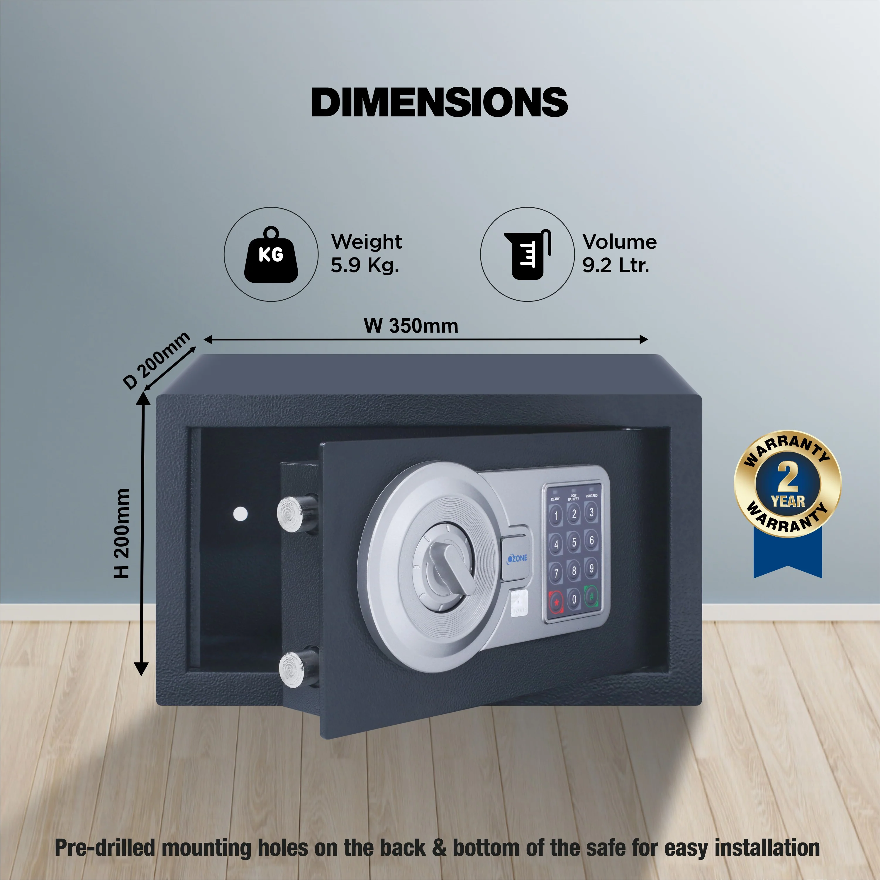 Ozone 9.2 Litres Digital Safe Locker for Home & Office – Digital Lock, 1-Way Unlocking (Password), Size: 200H x 350W x 200D mm, Weight: 5.9kg, 2-Year Warranty - Image 5