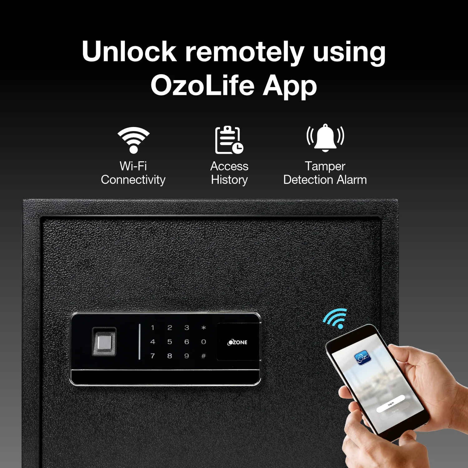 Ozone 30 Litres Wi-Fi Safe Locker for Home & Office – Fingerprint Lock, 3-in-1 Unlocking (OzoLife App, Fingerprint & Password), Size: 320H x 400W x 320D mm, Weight: 13.5kg, 2-Year Warranty - Image 2