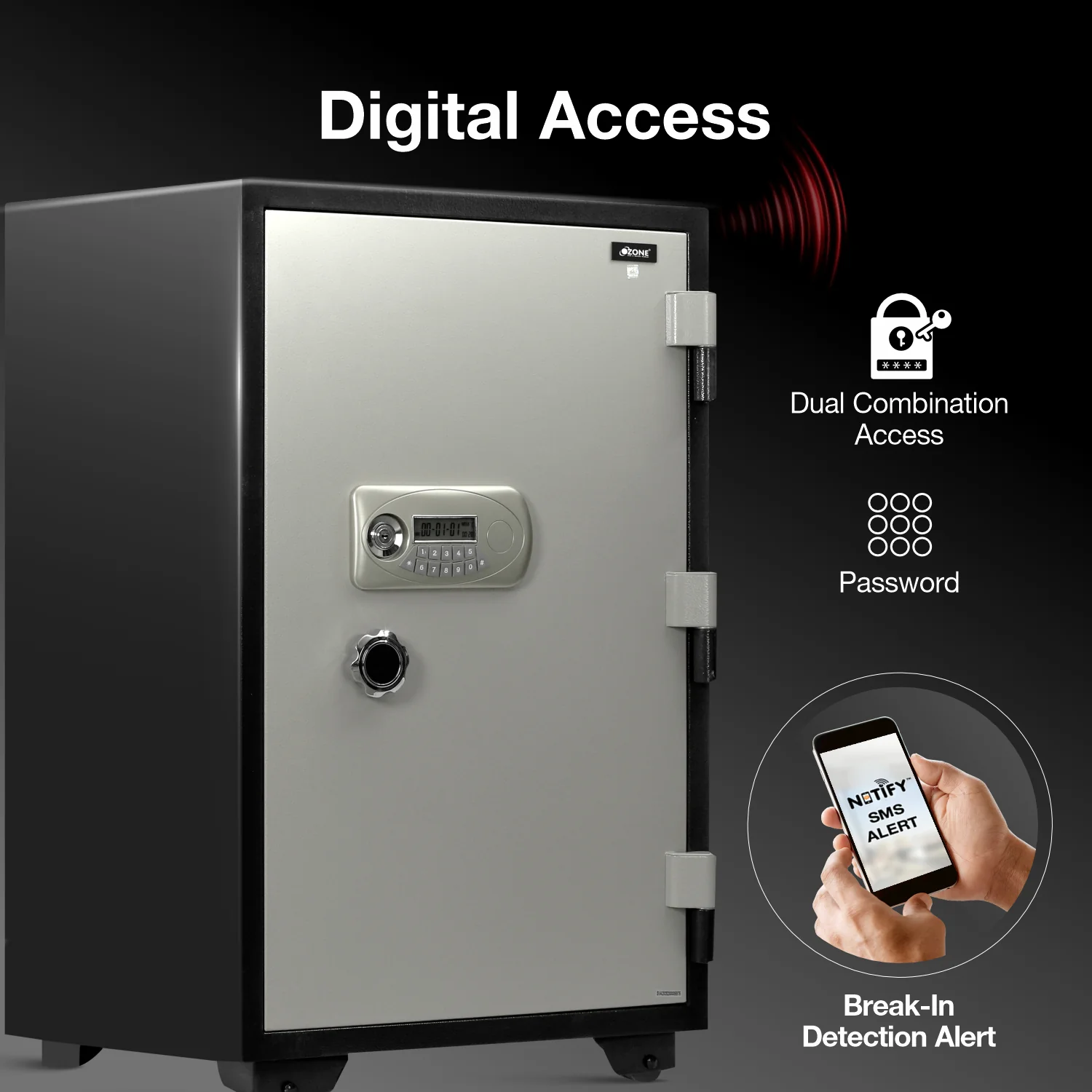 Ozone 145 Litres Fire-resistant Safe Locker with Notify Module for Factories & Warehouses – Digital Lock, 1-Way Unlocking (Password), Size: 985H x 600W x 570D mm, Weight: 220kg, 2-Year Warranty - Image 2