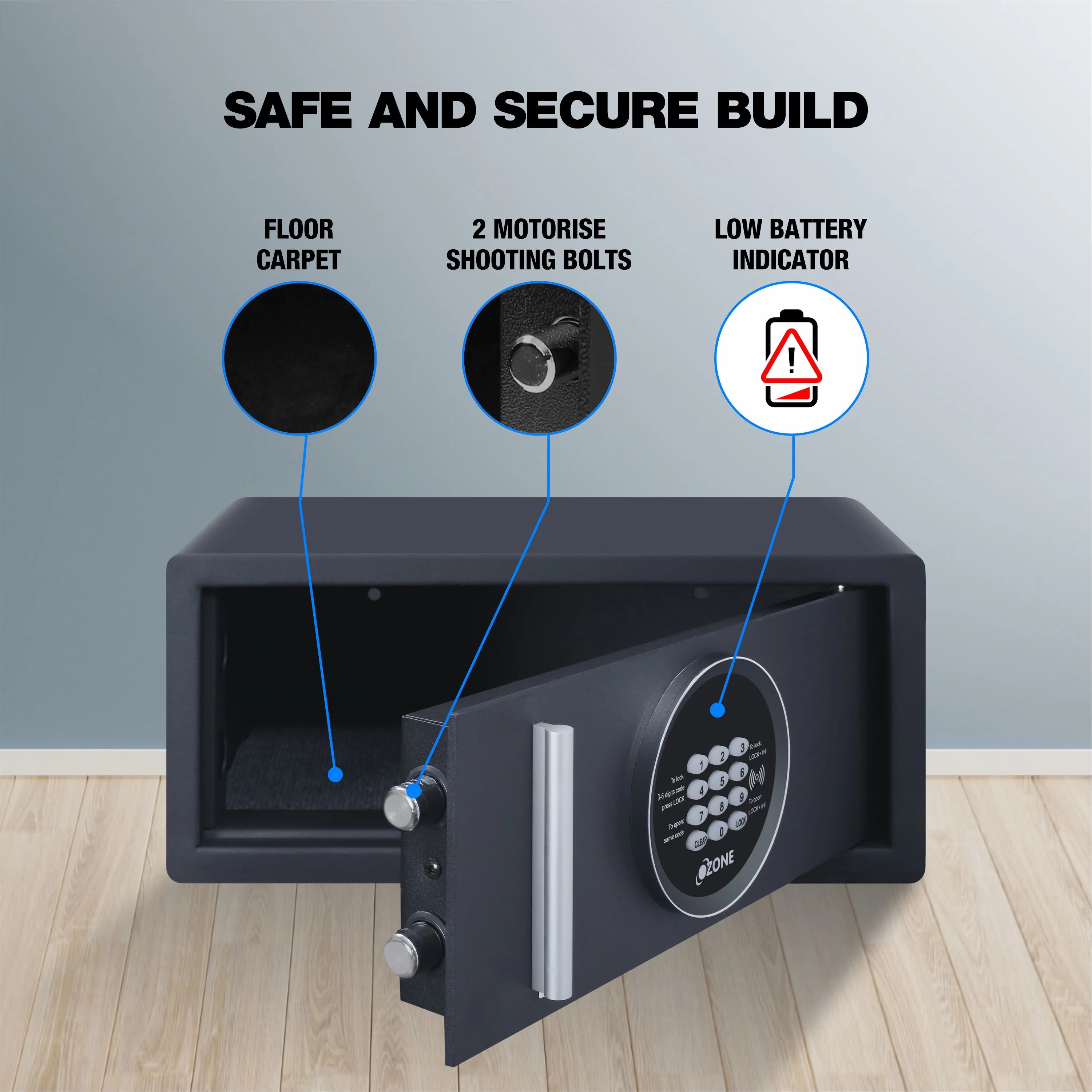 Ozone 26 Litres Digital Safe Locker for Hotels – Digital Lock, 1-Way Unlocking (Password), Size: 200H x 435W x 365D mm, Weight: 12.6kg, 2-Year Warranty - Image 3