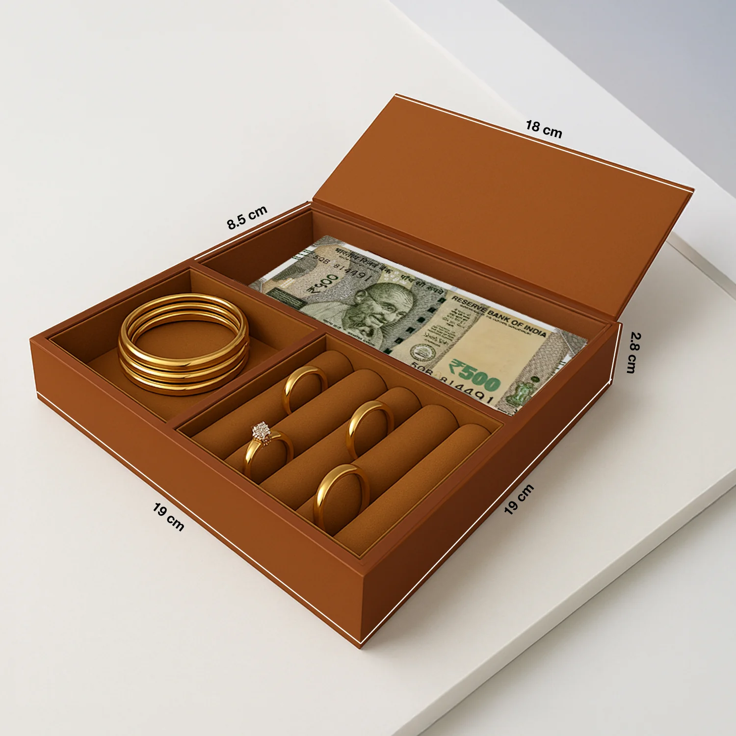 Ozone Jewellery Tray Organizer with Faux Leather & Velvet Lining | Ring, Bracelet, Cash & Accessory Holder | Compatible with Safes, Wardrobes, Bedside Tables & Dressers (Mocha Brown) - Image 3