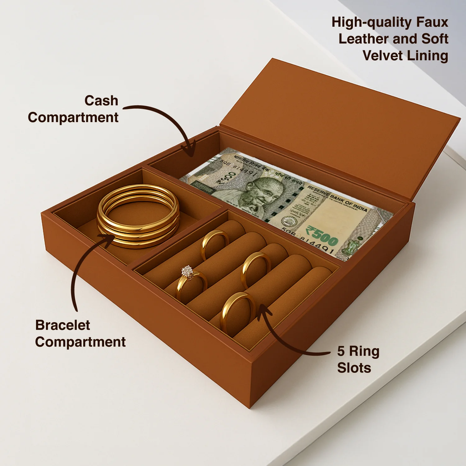 Ozone Jewellery Tray Organizer with Faux Leather & Velvet Lining | Ring, Bracelet, Cash & Accessory Holder | Compatible with Safes, Wardrobes, Bedside Tables & Dressers (Mocha Brown) - Image 4