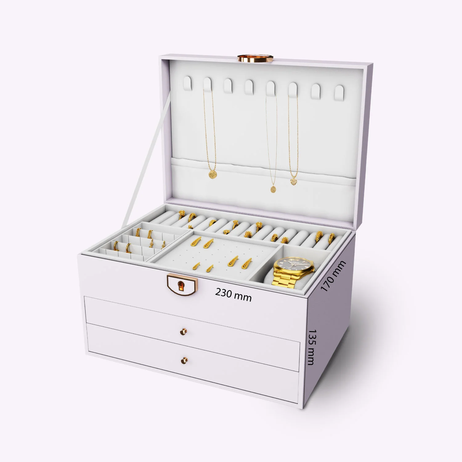 Ozone Jewellery Box with 3 Layers with Premium Leather & Velvet Lining | Necklace Hooks, Ring Slots, Hidden Compartment, Adjustable Sections, Watch Pillow & Removable Storage for Wardrobe, Dresser & Tabletop (White) - Image 2