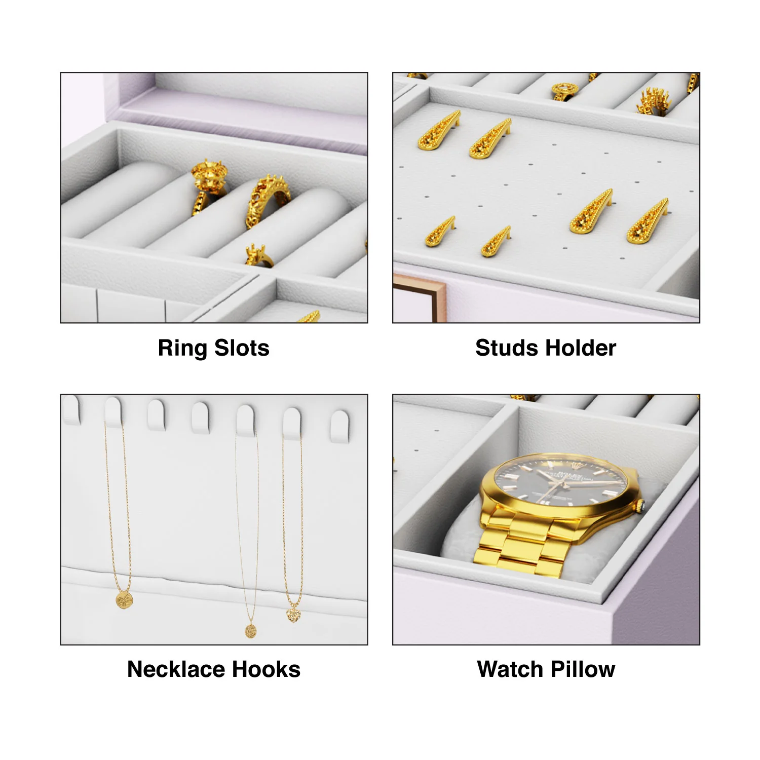 Ozone Jewellery Box with 3 Layers with Premium Leather & Velvet Lining | Necklace Hooks, Ring Slots, Hidden Compartment, Adjustable Sections, Watch Pillow & Removable Storage for Wardrobe, Dresser & Tabletop (White) - Image 3