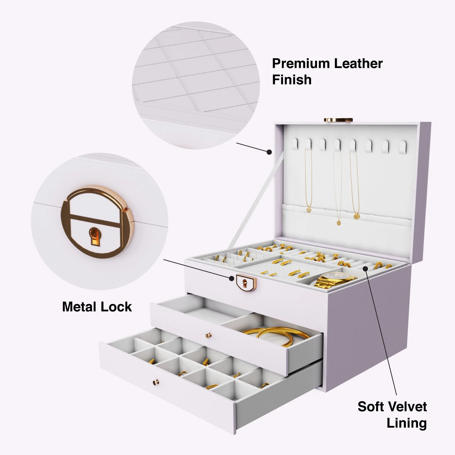 Ozone Jewellery Box with 3 Layers with Premium Leather & Velvet Lining | Necklace Hooks, Ring Slots, Hidden Compartment, Adjustable Sections, Watch Pillow & Removable Storage for Wardrobe, Dresser & Tabletop (White) - Image 5