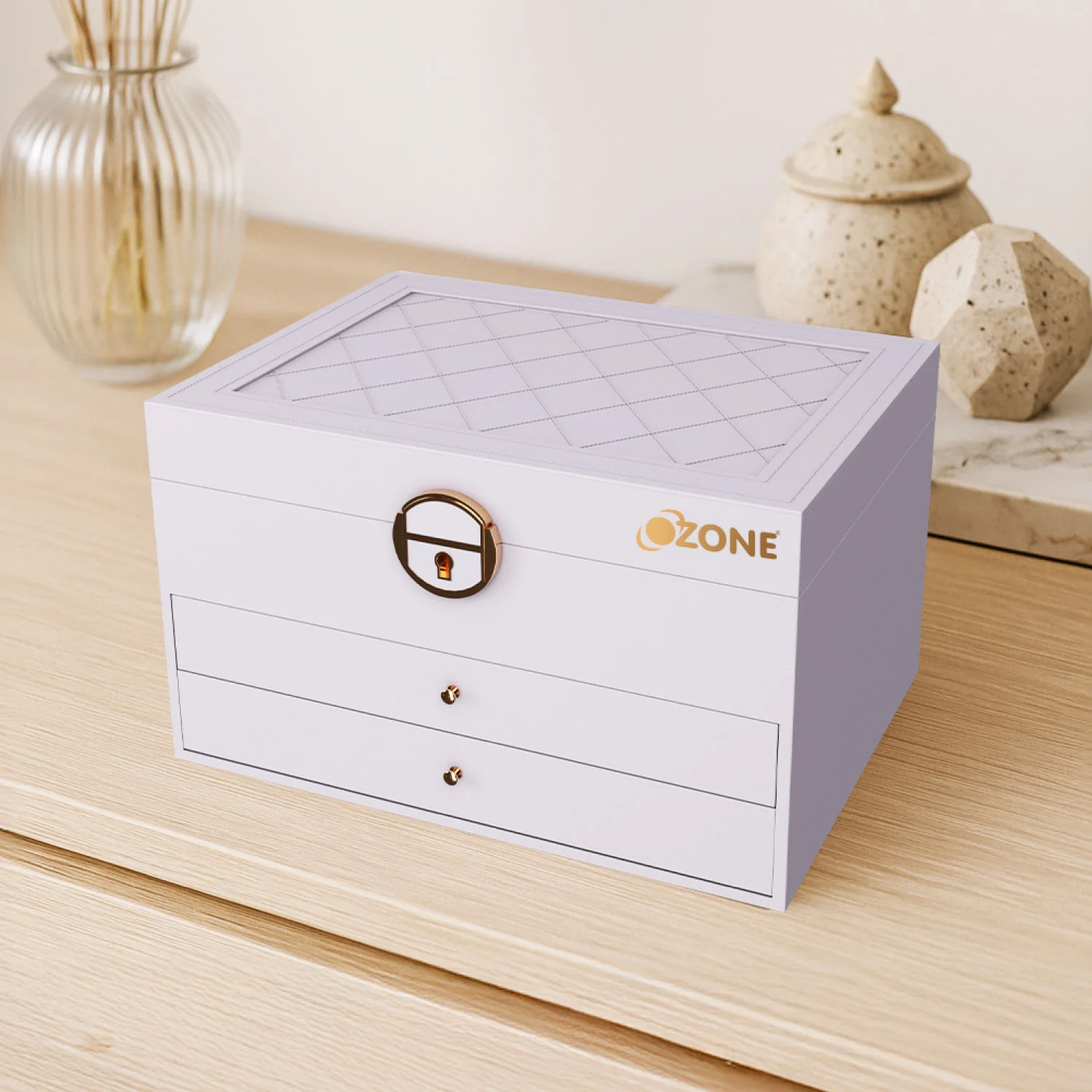 Ozone Jewellery Box with 3 Layers with Premium Leather & Velvet Lining | Necklace Hooks, Ring Slots, Hidden Compartment, Adjustable Sections, Watch Pillow & Removable Storage for Wardrobe, Dresser & Tabletop (White) - Image 6