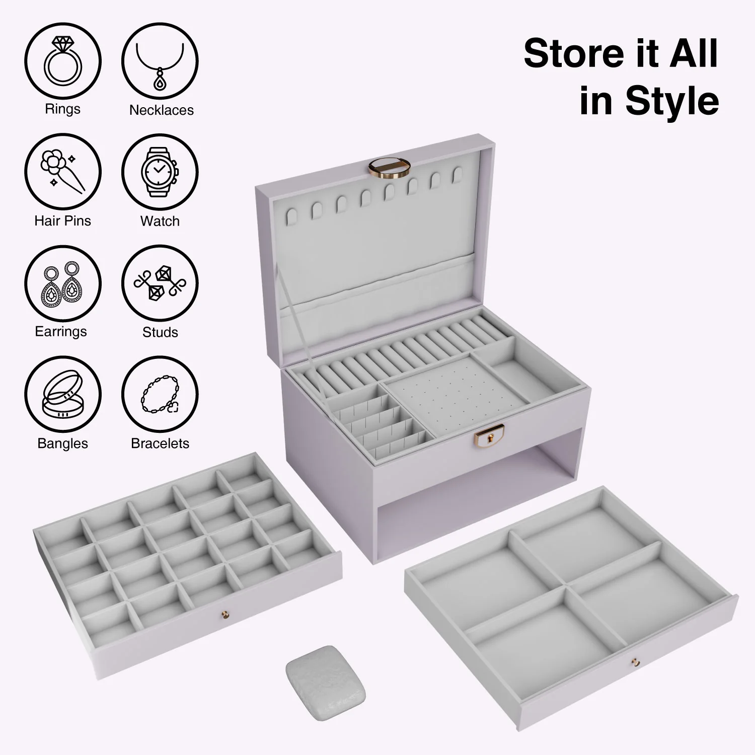 Ozone Jewellery Box with 3 Layers with Premium Leather & Velvet Lining | Necklace Hooks, Ring Slots, Hidden Compartment, Adjustable Sections, Watch Pillow & Removable Storage for Wardrobe, Dresser & Tabletop (White) - Image 8