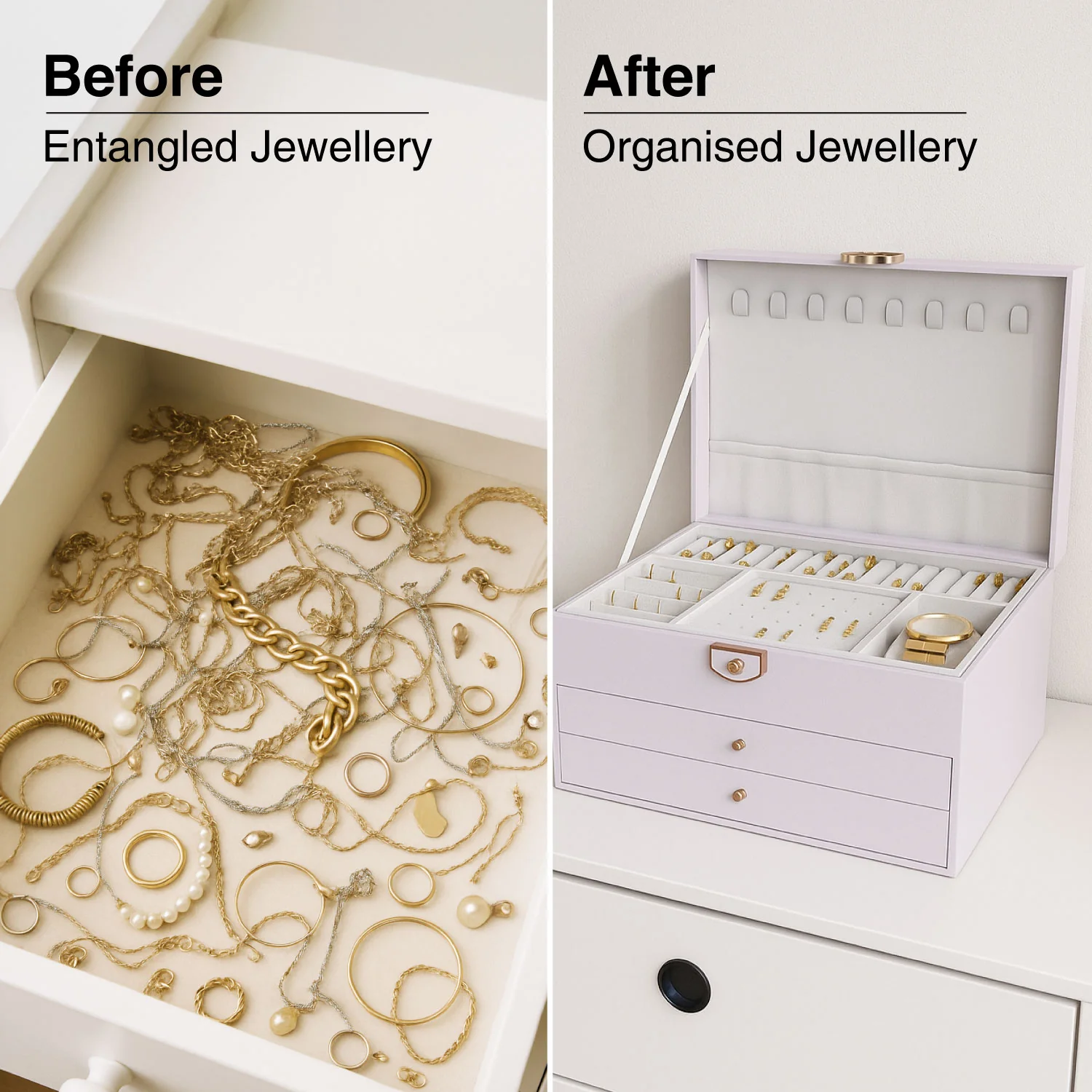 Ozone Jewellery Box with 3 Layers with Premium Leather & Velvet Lining | Necklace Hooks, Ring Slots, Hidden Compartment, Adjustable Sections, Watch Pillow & Removable Storage for Wardrobe, Dresser & Tabletop (White) - Image 9