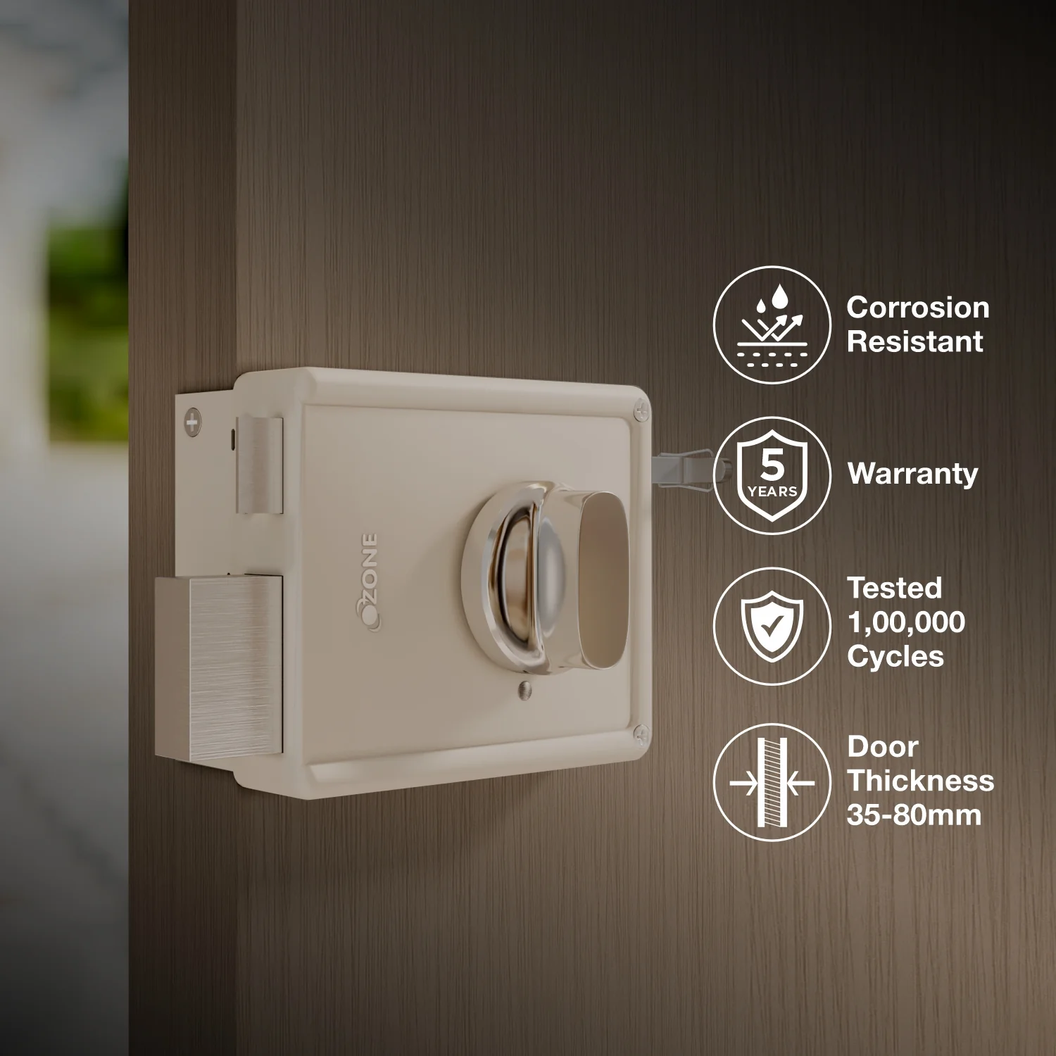 Ozone Dual-Action Night Latch Lock | 4 Brass Keys | Compatible with Wooden & Metal Doors - Image 3