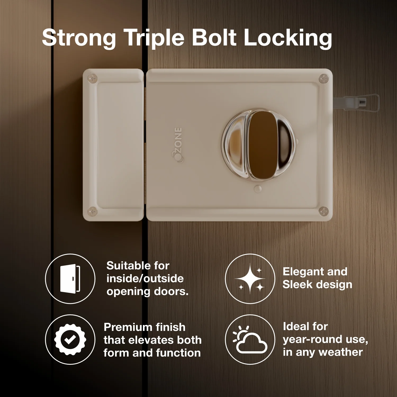 Ozone Dual-Action Night Latch Lock | 4 Brass Keys | Compatible with Wooden & Metal Doors - Image 4