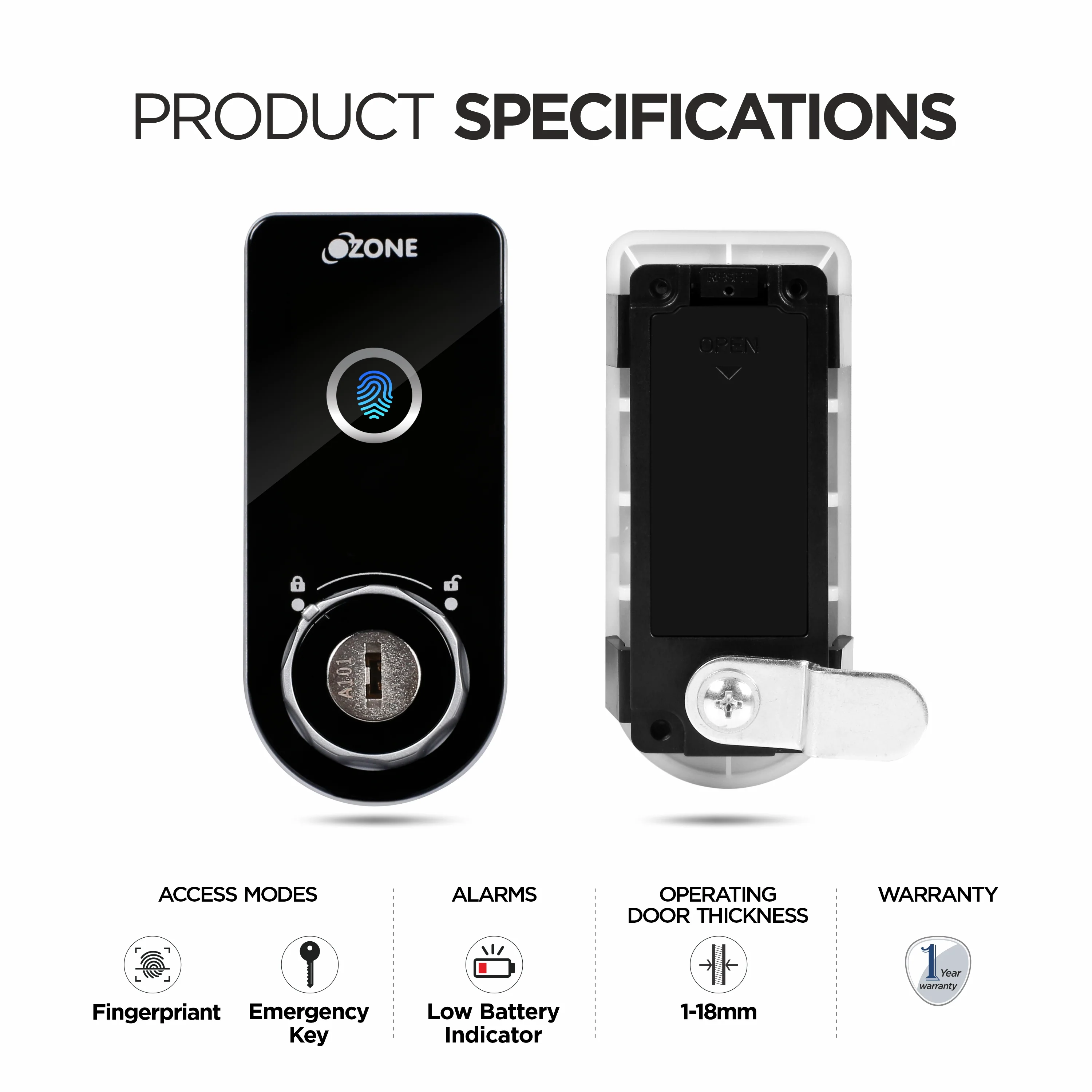 Ozone Smart Furniture Lock with Fingerprint & Key Access | For Wooden/Metal Cabinets & Wardrobes - Image 5