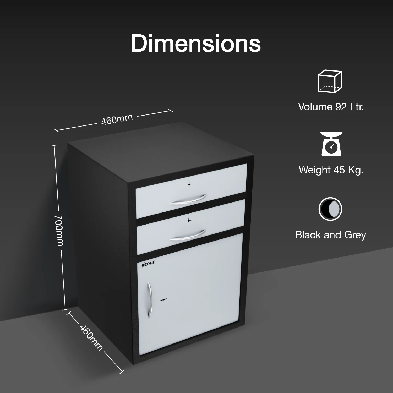 Ozone 92 Litres Manual Safe Locker for Home & Office – Manual Lock, 1-Way Unlocking (Manual Key), Size: 700H x 460W x 460D mm, Weight: 45kg, 2-Year Warranty - Image 3