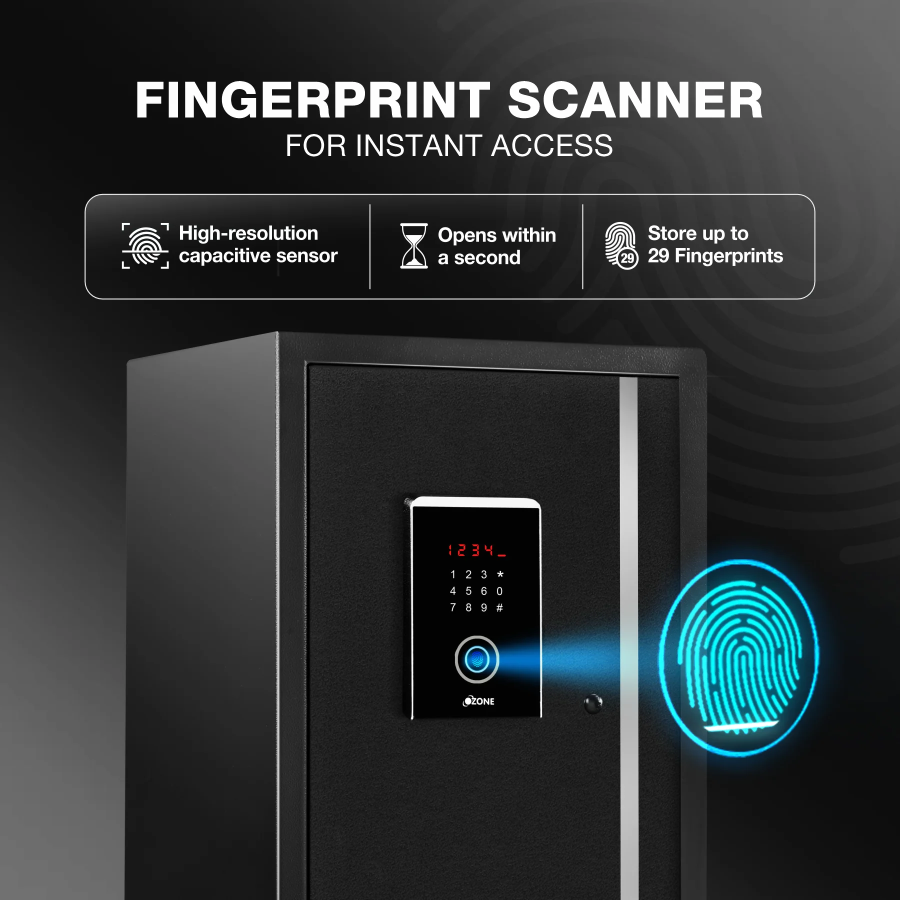 Ozone 55 Litres Fingerprint Safe Locker for Home & Office – Fingerprint Lock, 2-in-1 Unlocking (Fingerprint & Password), Size: 555H x 350W x 360D mm, Weight: 24.7kg, 2-Year Warranty - Image 3