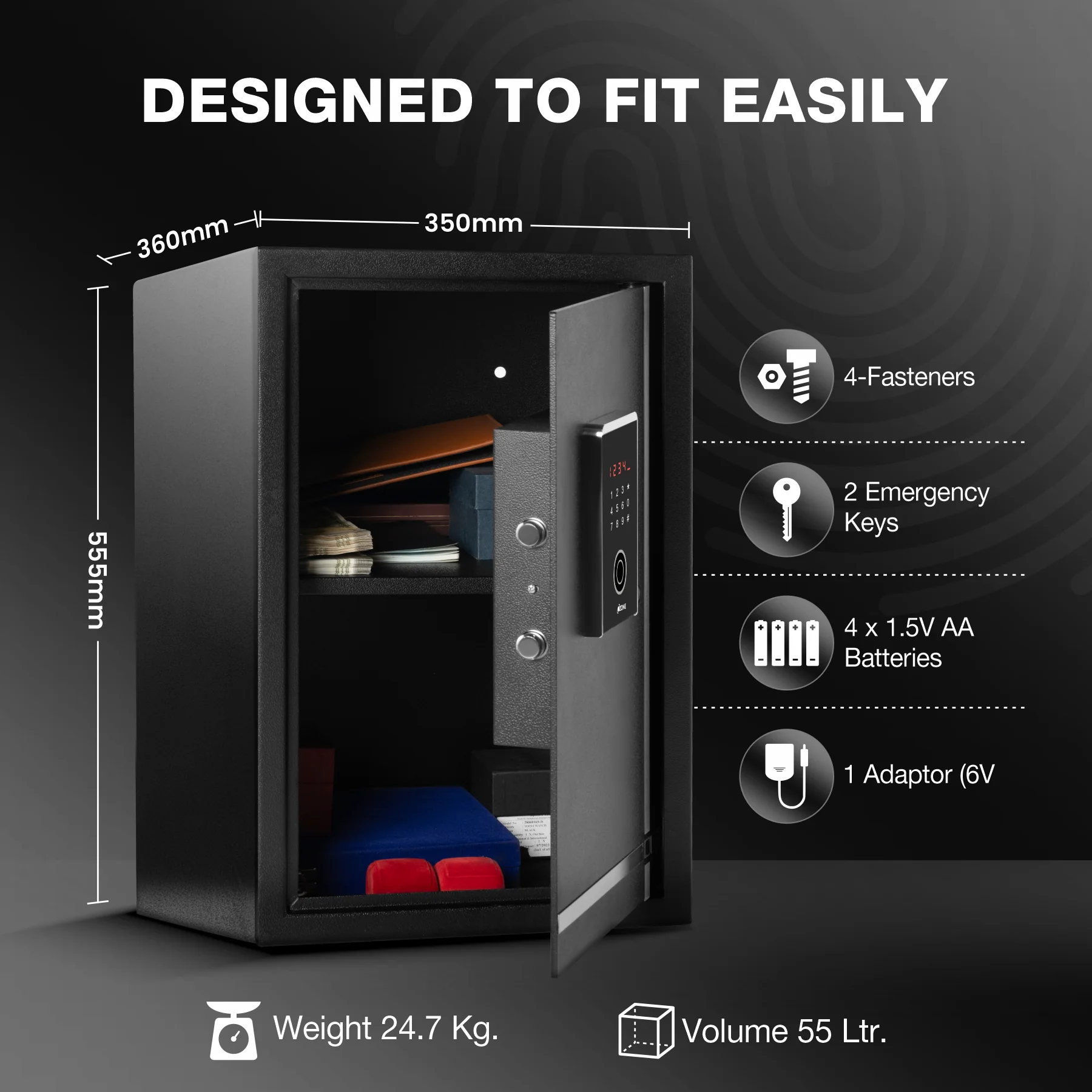 Ozone 55 Litres Fingerprint Safe Locker for Home & Office – Fingerprint Lock, 2-in-1 Unlocking (Fingerprint & Password), Size: 555H x 350W x 360D mm, Weight: 24.7kg, 2-Year Warranty - Image 4