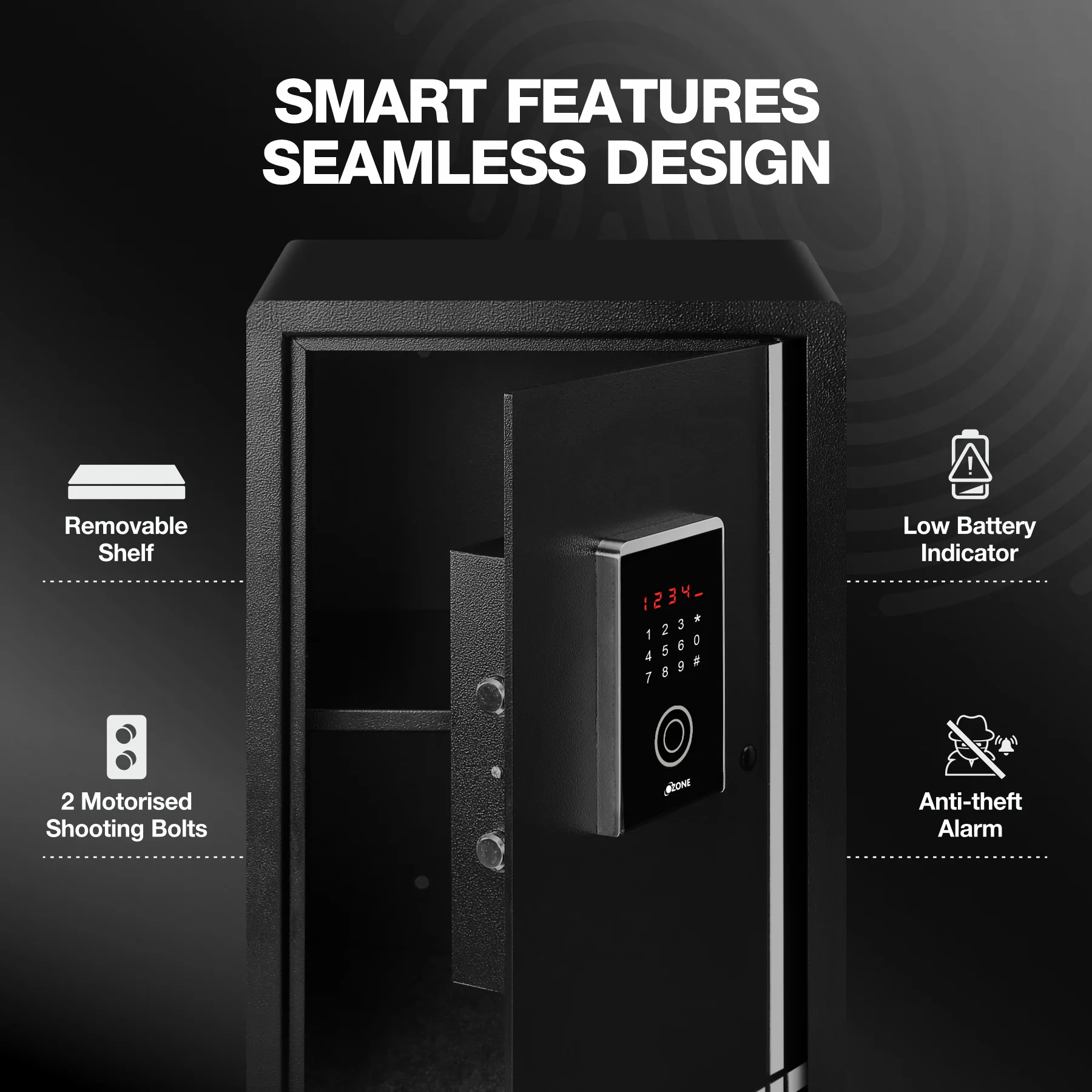 Ozone 55 Litres Fingerprint Safe Locker for Home & Office – Fingerprint Lock, 2-in-1 Unlocking (Fingerprint & Password), Size: 555H x 350W x 360D mm, Weight: 24.7kg, 2-Year Warranty - Image 6