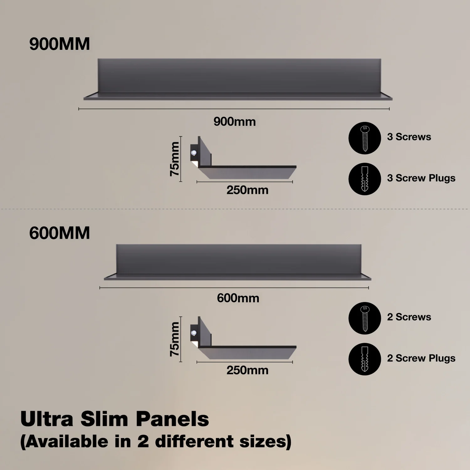 Ozone LED-based Slim Shelving System | Wall-mounted Shelf with In-built LED Light, Adaptor, and Touch Sensor | Width: 900mm | Capacity: Up to 10 kg | Finish: Black Matt - Image 3