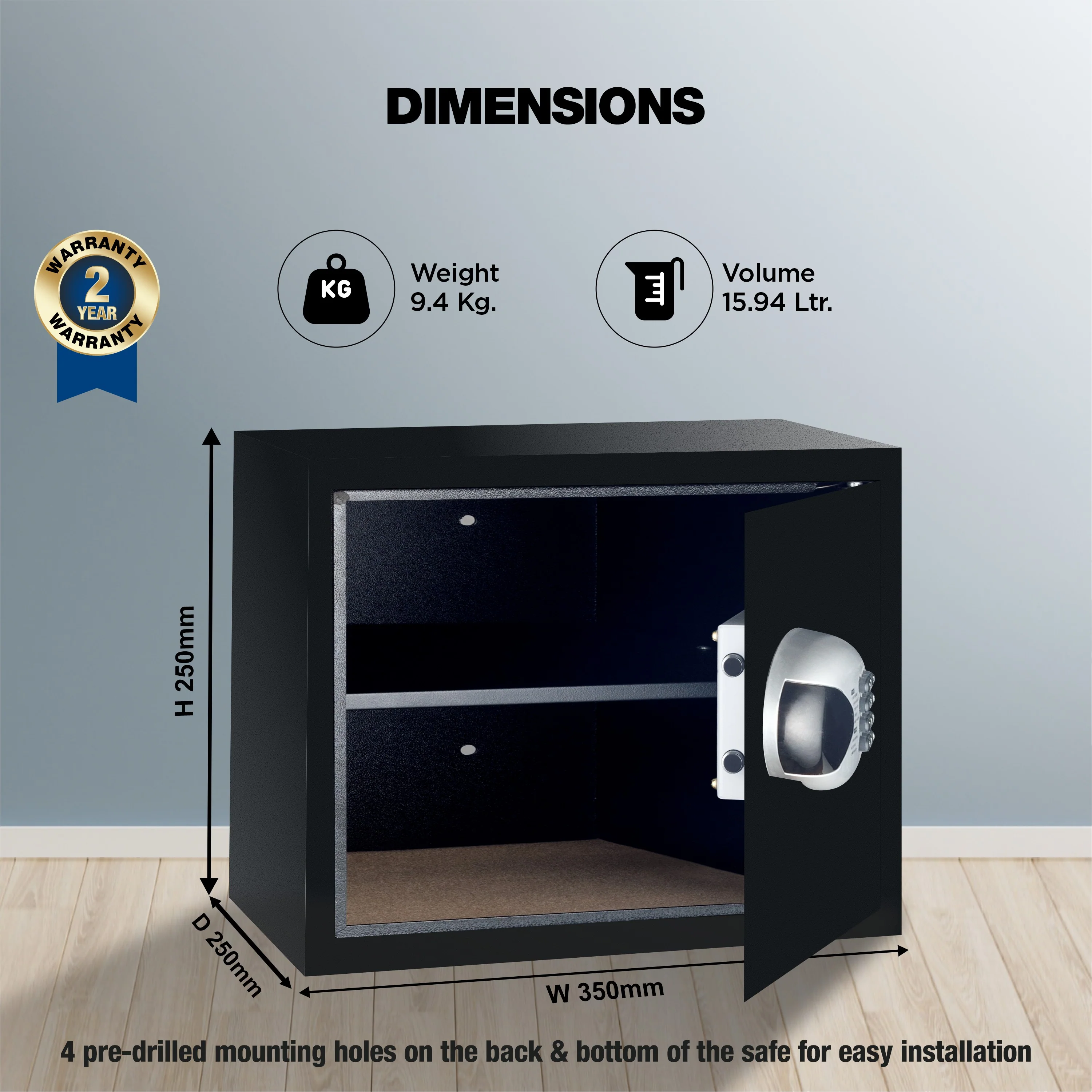 Ozone 15.94 Litres Digital Safe Locker for Home & Office – Digital Lock, 1-Way Unlocking (Password), Size: 250H x 350W x 250D mm, Weight: 9.4kg, 2-Year Warranty - Image 5